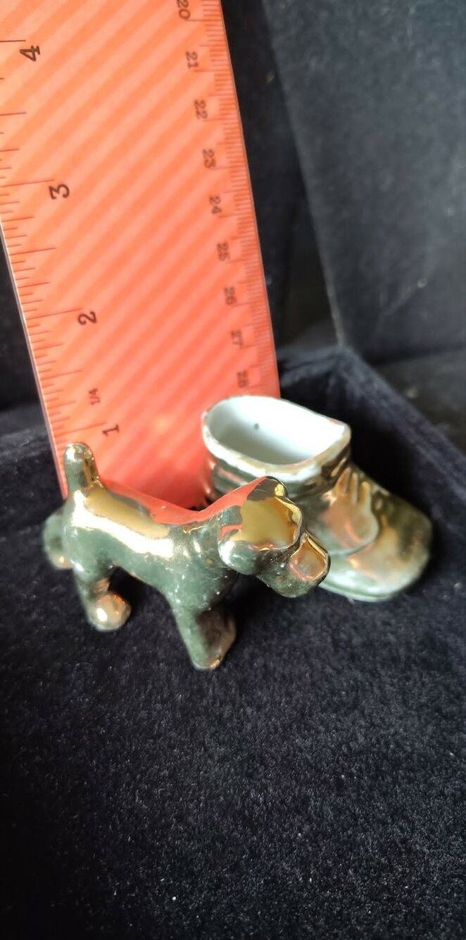 Vintage Japan gold Lusterware ceramic dog and shoe/boot